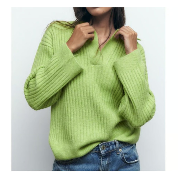Zara Ribbed Collared Sweater Womens S Lime Green V Neck Slouchy Oversized Boxy - Picture 1 of 8